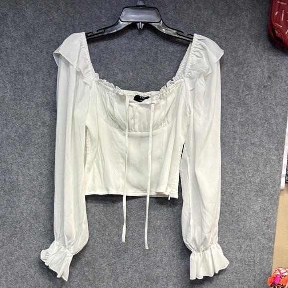 Vici White Long Sleeve Cinched Ruffle Tie Stunning Shirt Small
